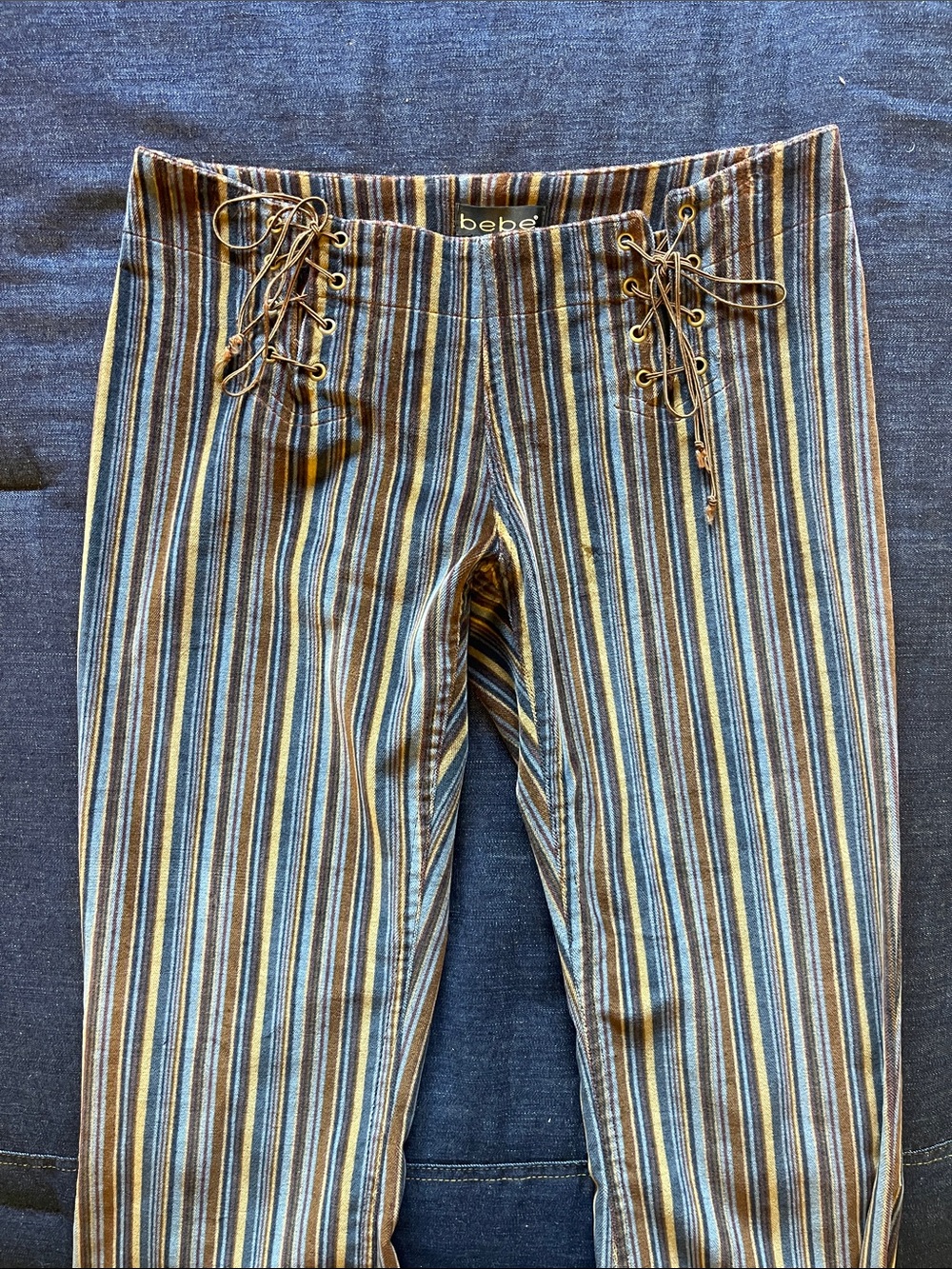 Bebe Vintage Striped Lace-Up Flared Pants - Navy, Brown, Tan size 4 - Picture 8 of 10